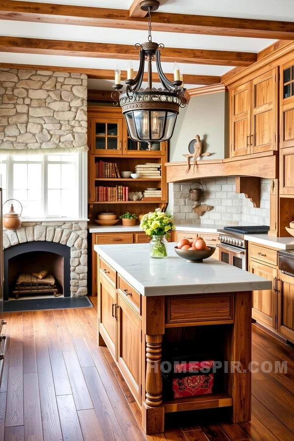 Traditional Kitchen with Rustic Stone Fireplace