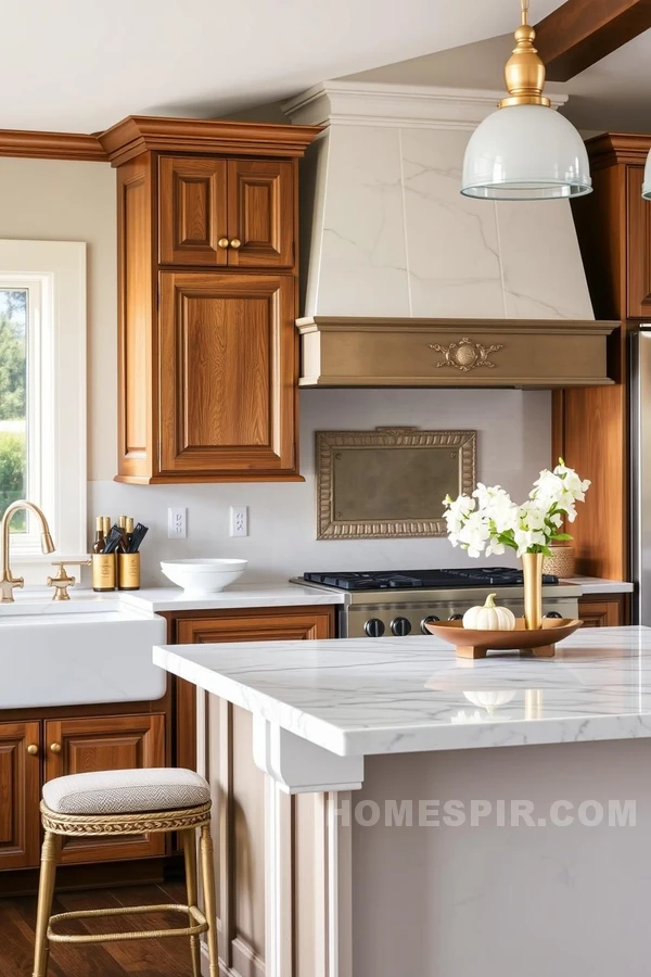 Transitional Kitchen Design with Gold Accents and Pendant Lighting