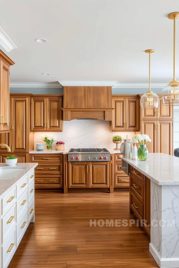 Transitional Kitchen with Wooden Cabinets and Marble Island