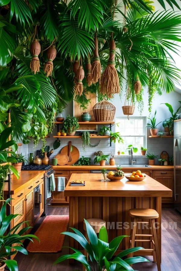 Tropical Kitchen with Hanging Plants Overhead