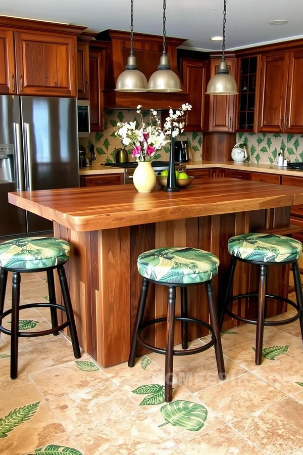 Tropical Leaf Bar Stools with Wood Island