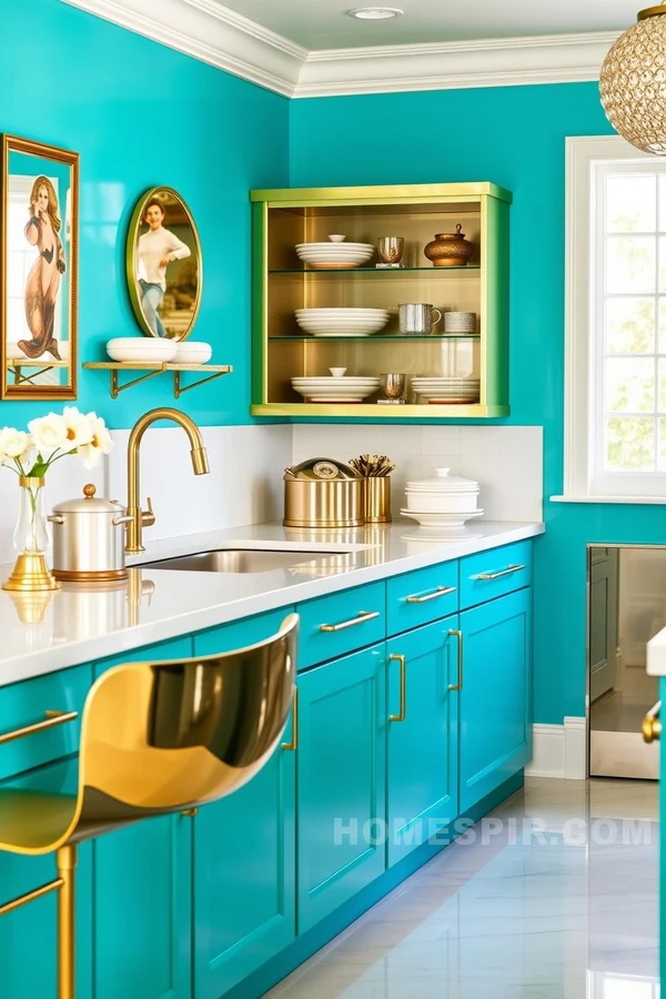 Turquoise Accents in Vibrant Glam Kitchen