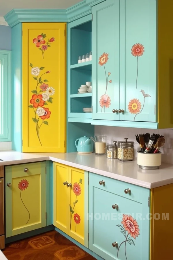 Turquoise and Yellow Retro Kitchen Cabinets