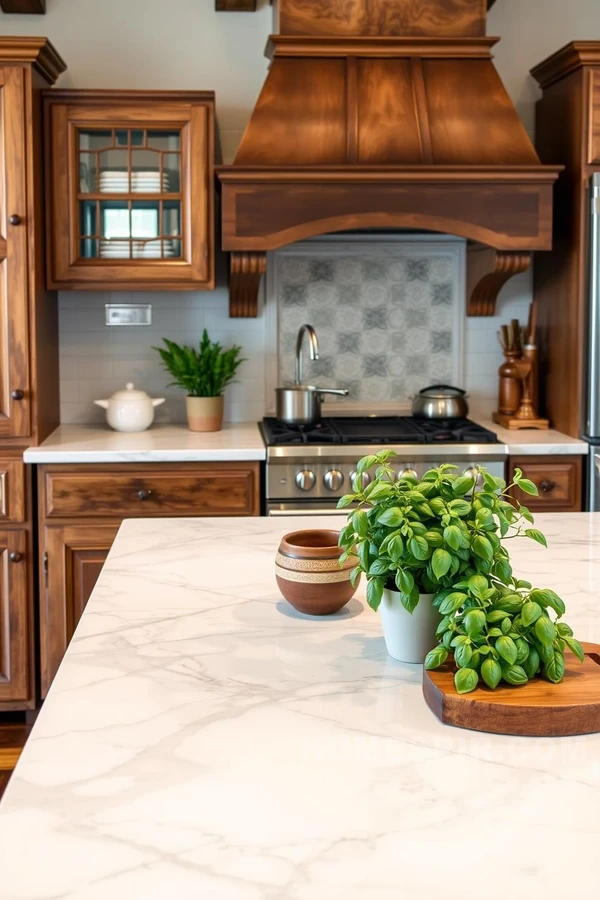 Veined Marble and Wooden Cabinetry