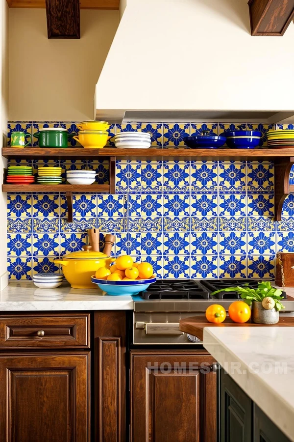 Vibrant Blue and Yellow Tile Backsplash