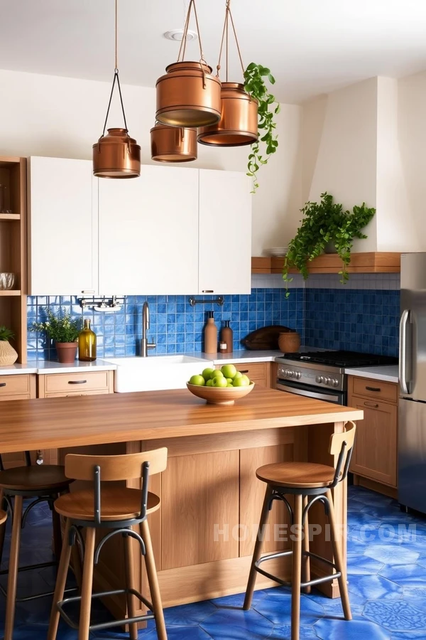 Vibrant Blue Tiles in Mediterranean Themed Kitchen