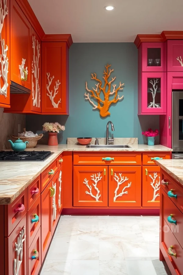 Vibrant Coral Branch Style Cabinetry