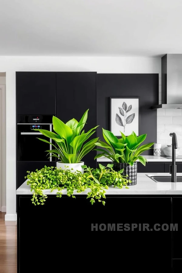 Vibrant Greens in Monochrome Kitchen