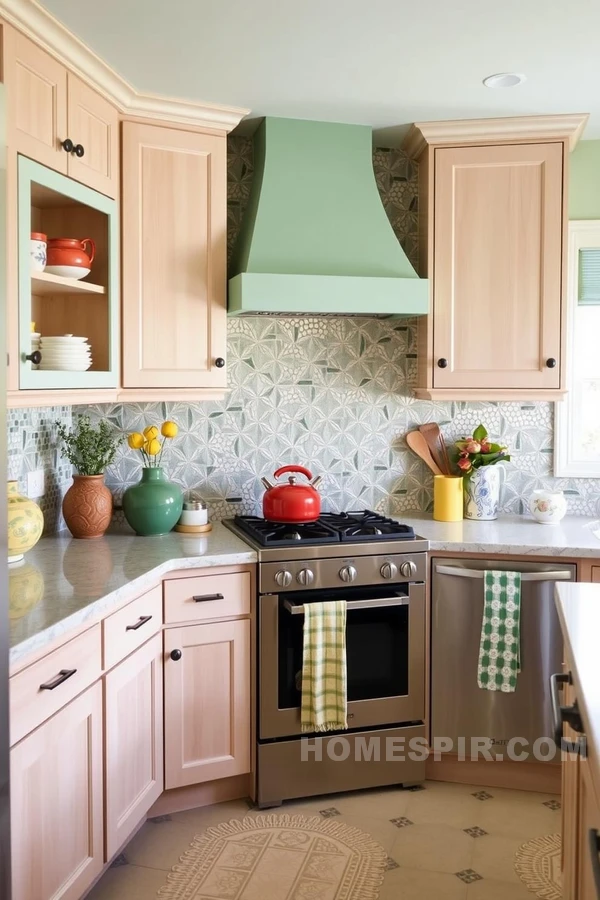 Vibrant Pastel Zen Kitchen with Artistic Touch