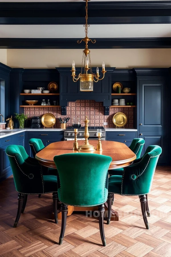 Victorian Kitchen with Velvet Chairs and Brass Accents