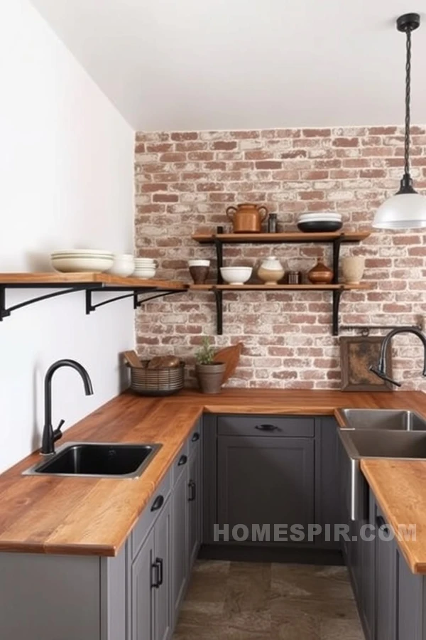 Vintage Brick and Raw Wood in Industrial Kitchen