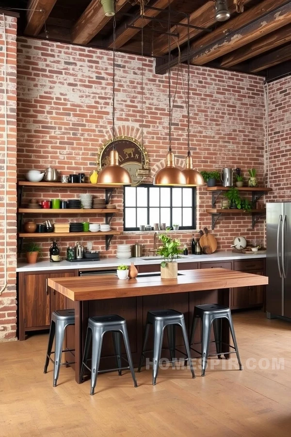 Vintage Cookware Display in Industrial Kitchen