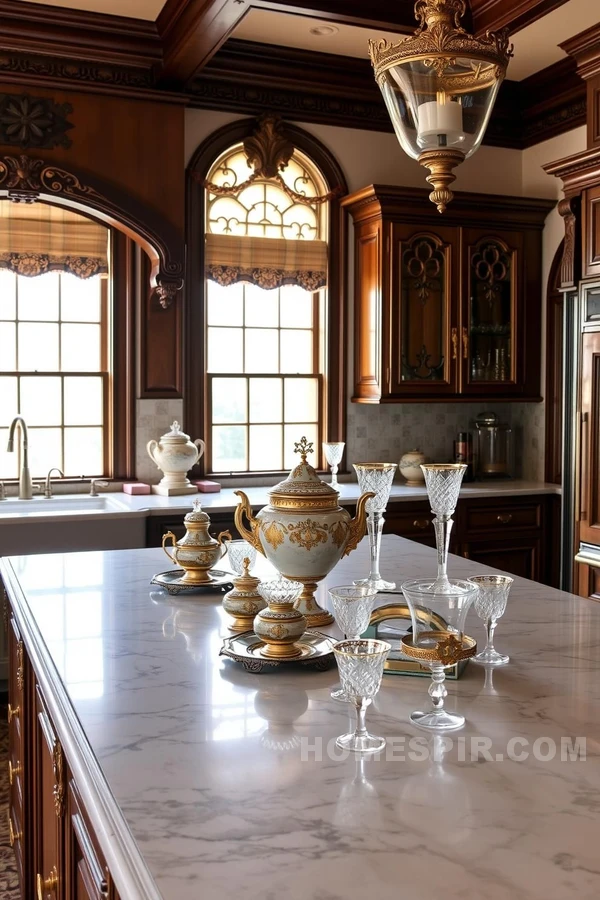 Vintage Tea Sets on Grand Kitchen Island