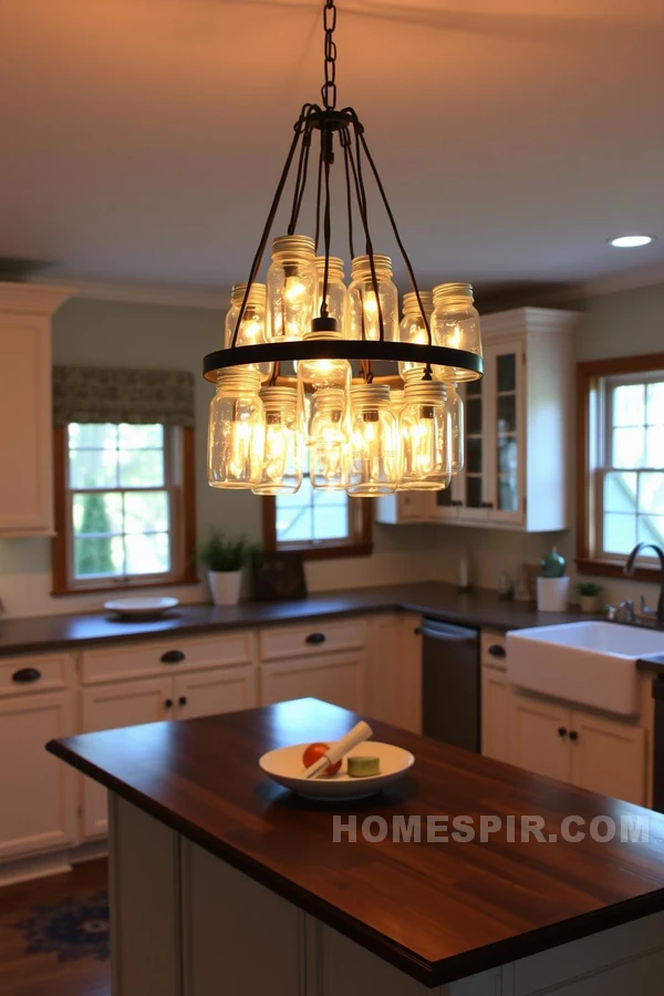 Warm and Cozy Cottage Kitchen with Jar Chandeliers