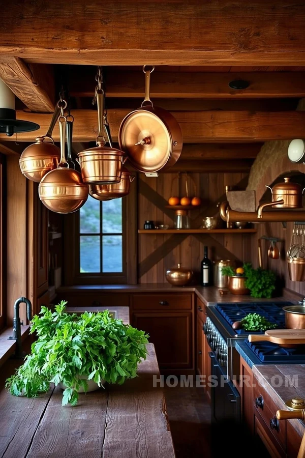 Warm Copper Pots Illuminate Rustic Kitchen Decor