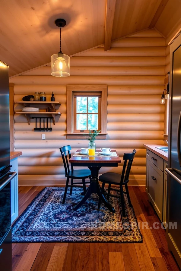 Warm Pendant Lights in Rustic Cabin Kitchen