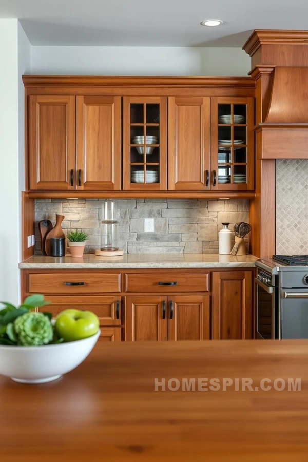 Warm Wood and Stone Backsplash Design