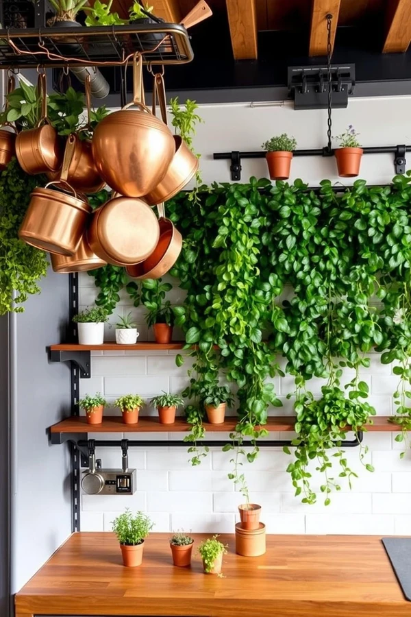 Warm Wooden Counters and Copper Pots in Kitchen