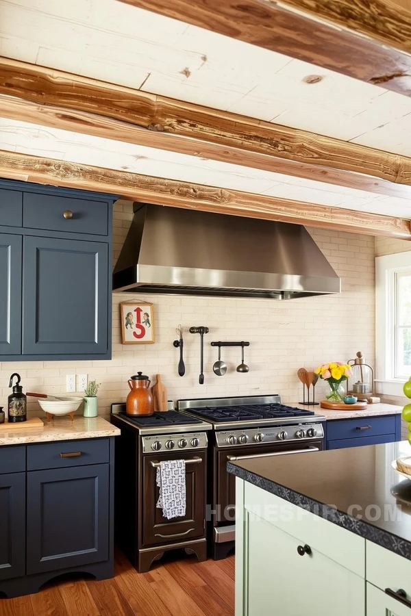 Weathered Beams and Modern Elements in Farmhouse Kitchen