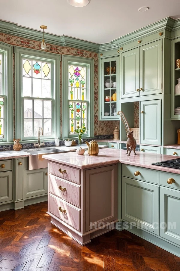 Whimsical Brass Drawer Pulls in Victorian Kitchen