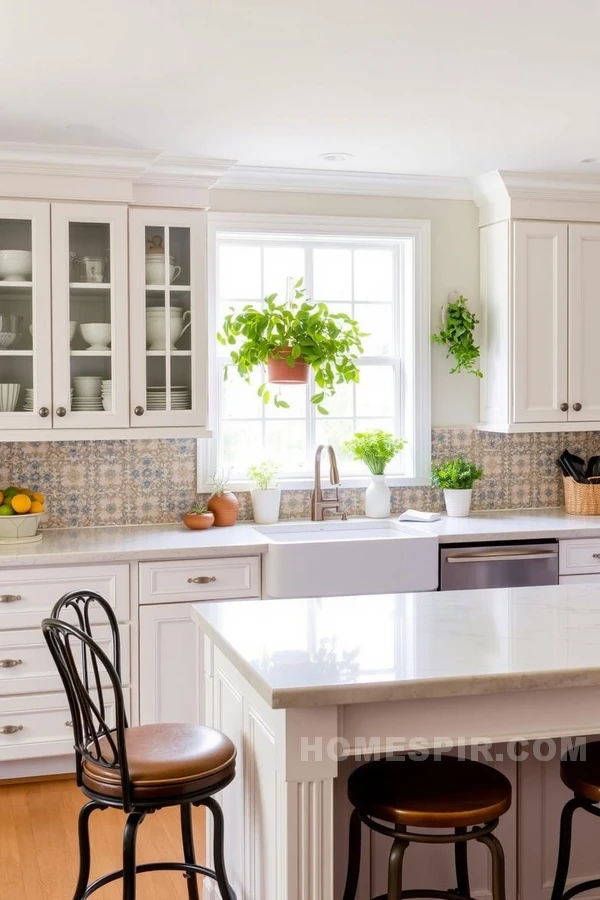 White Cabinets and Hand-Painted Tile Backsplash in Kitchen