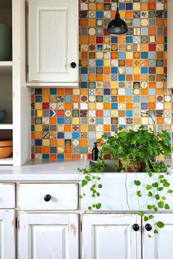 Whitewashed Cabinets with Green Accents