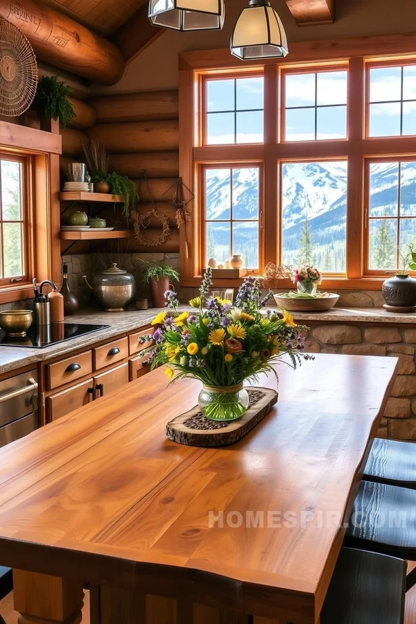 Wildflowers and Stone in Cabin Kitchen Setting