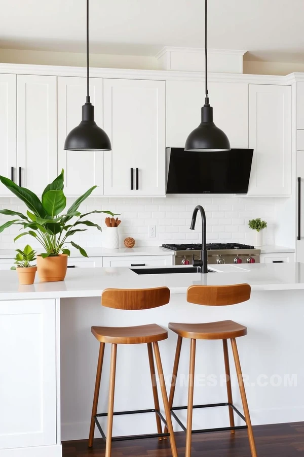 Wooden Bar Stools in Chic Monochrome Kitchen