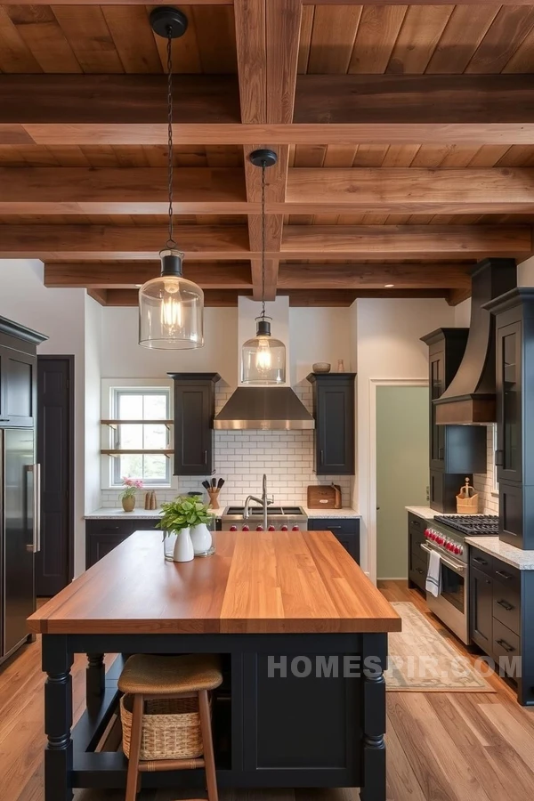 Wooden Beams and Mixed Material Island in Rustic Kitchen