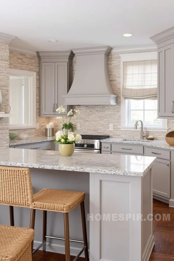 Woven Bar Stools and Linen Shades in Neutral Kitchen