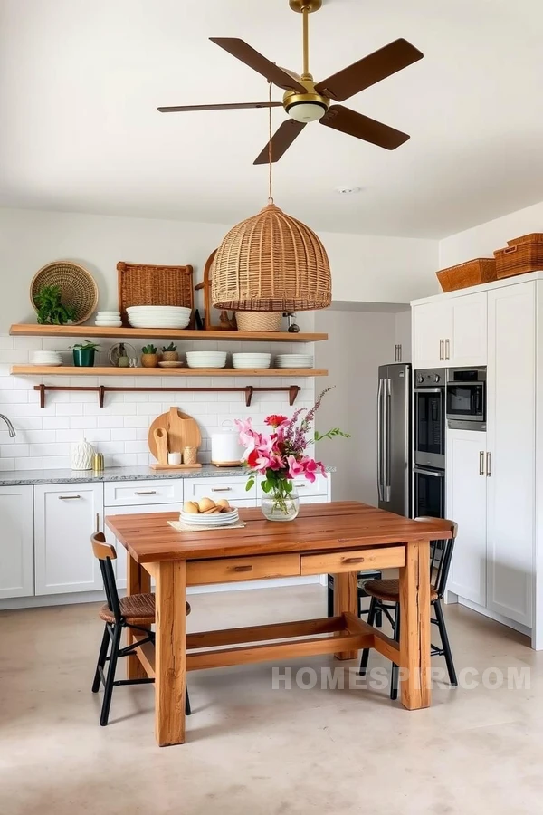 Woven Pendant Lights in Tropical Kitchen