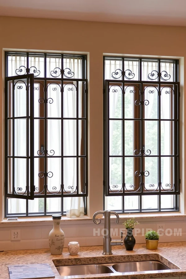 Wrought Iron Accents in Farmhouse Windows