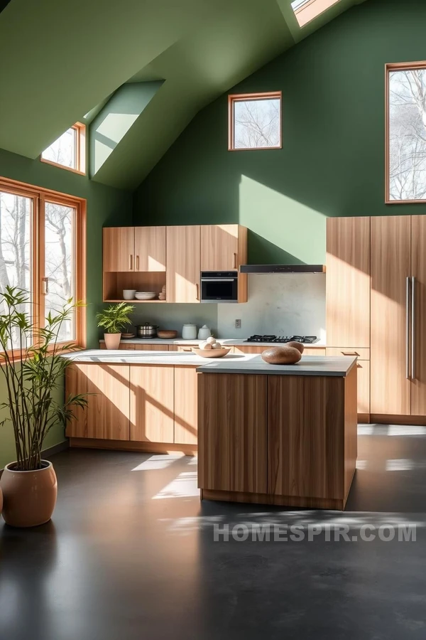 Zen Kitchen with Forest Green Walls and Wood Cabinets