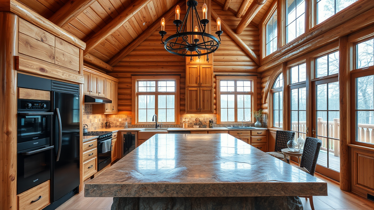 Design a Log Home Kitchen with Stone and Wood Accents