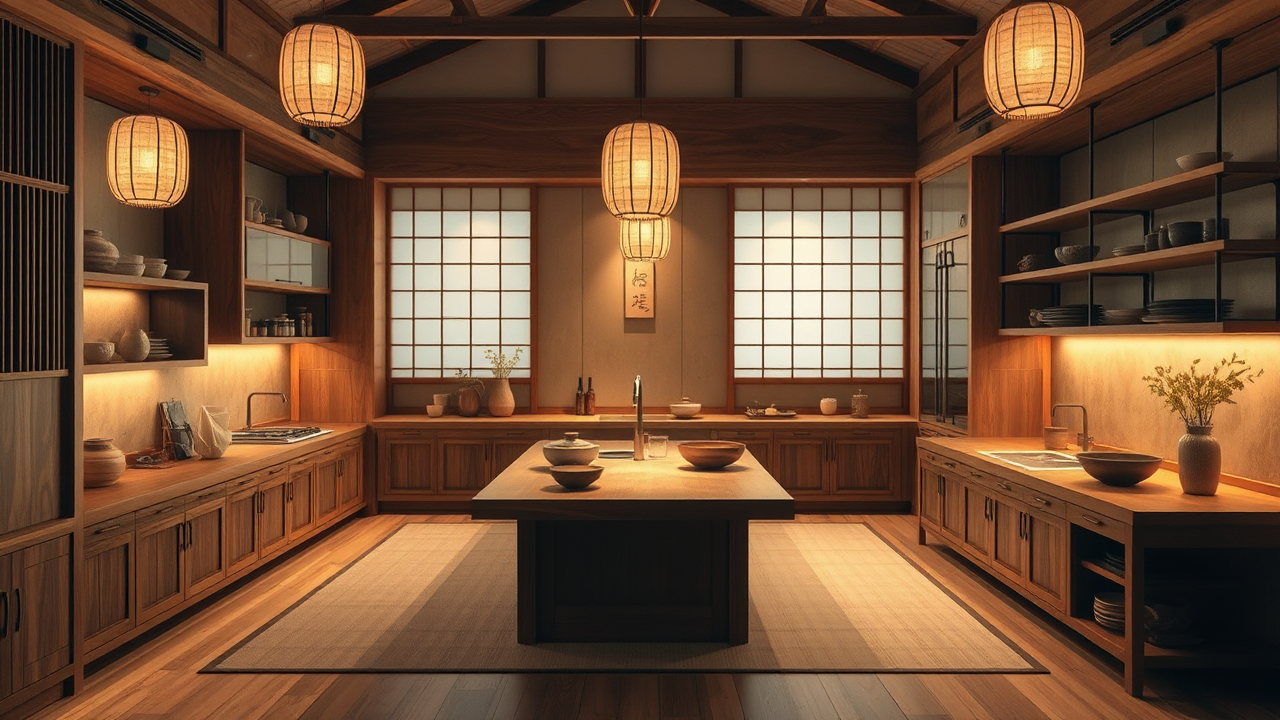 Designing a Japanese Kitchen with Wooden Elements and Soft Lighting