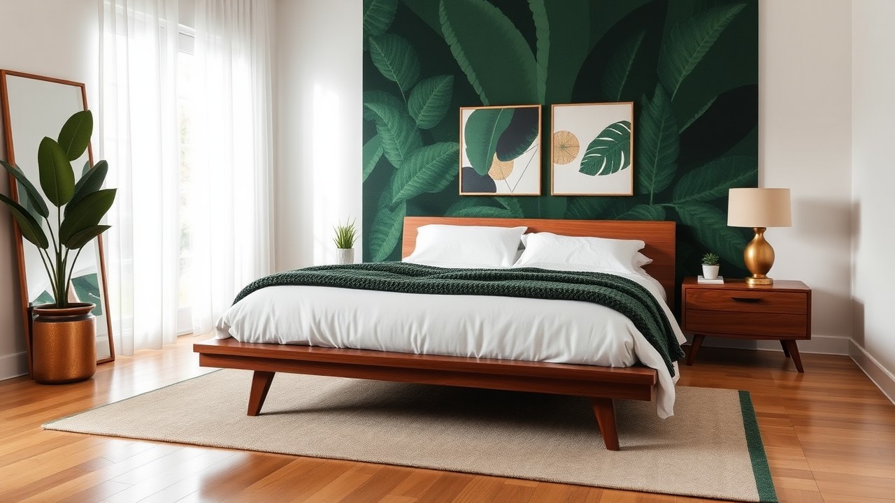 Mid-Century Modern Bedroom with Dark Green Accents