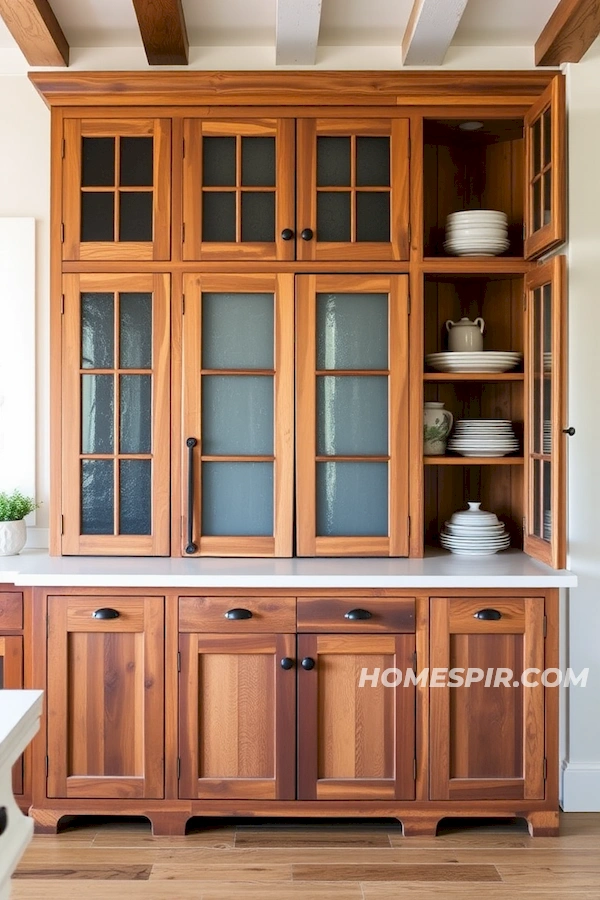 Antique Dishes on Open Wood Kitchen Shelves