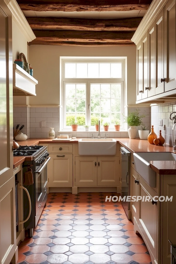 Antique Furniture and Herbs in Rustic French Kitchen