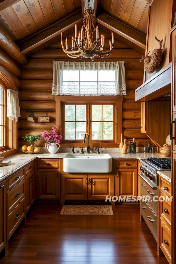 Antler Chandelier in Refined Log Kitchen