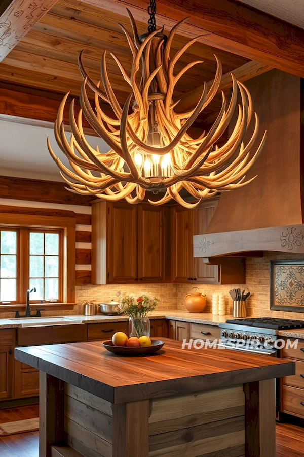 Antler Chandelier over Butcher Block Island