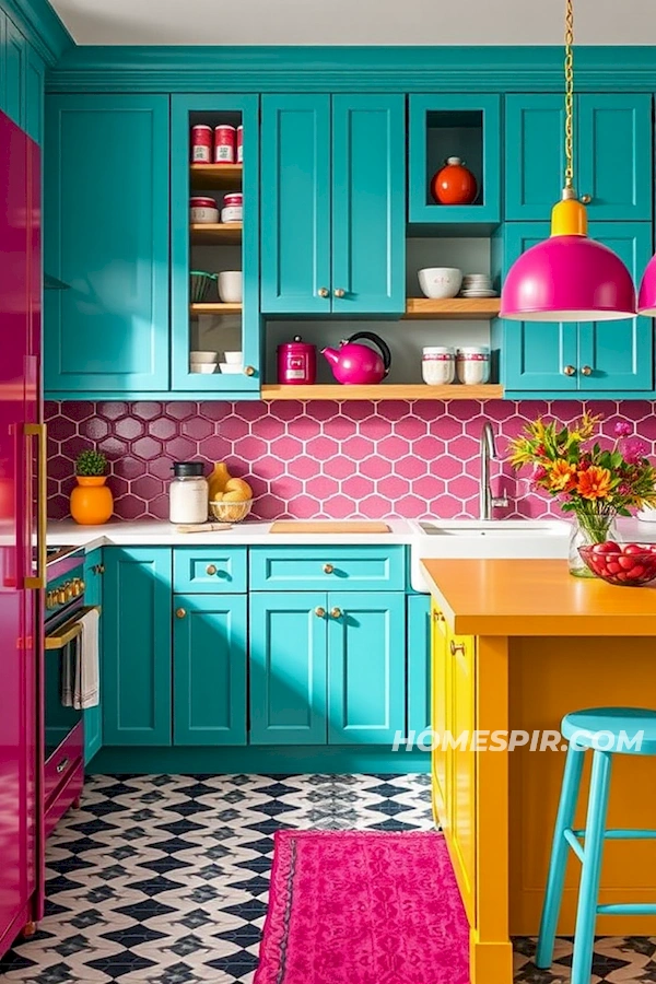 Aquamarine Cabinets and Mustard Island in Eclectic Style