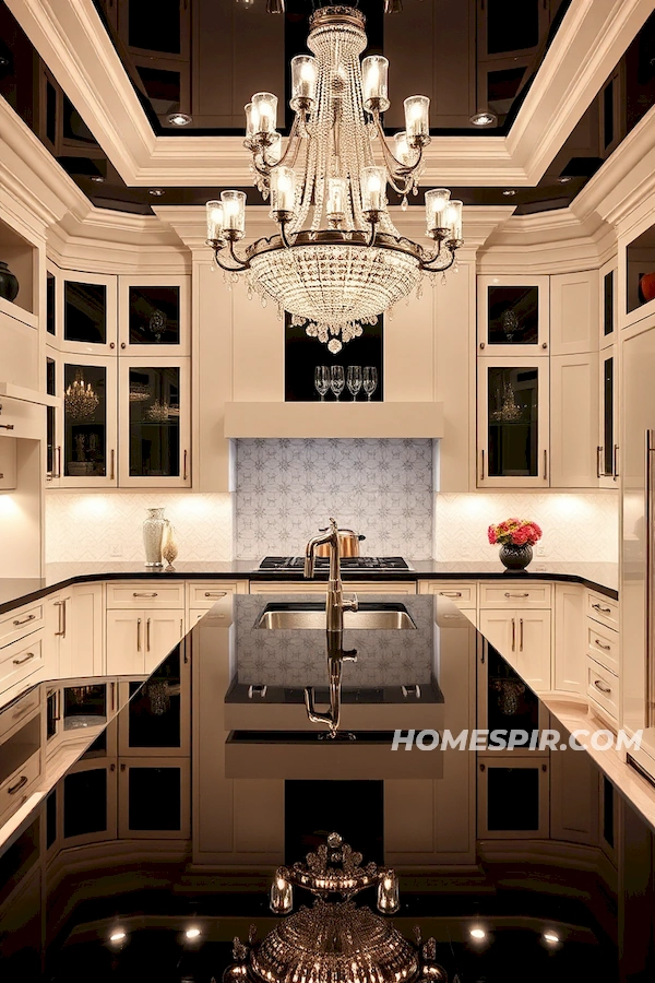 Art Deco Chandelier Illuminates Glossy Kitchen