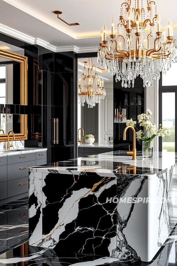 Black White Marble Island with Gold Veins