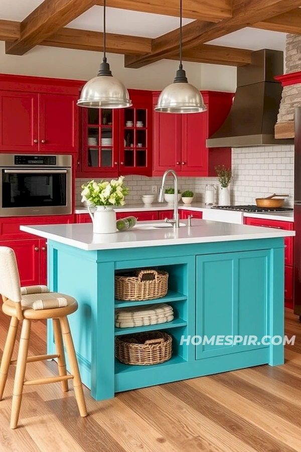 Bold Color Accents in Farmhouse Kitchen