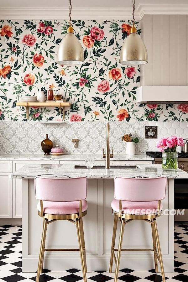 Bold Geometric Tiles Complement Floral Wallpaper