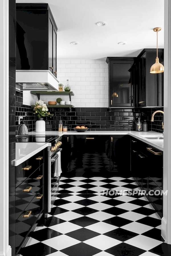 Brass Fixtures and Modern Black and White Kitchen