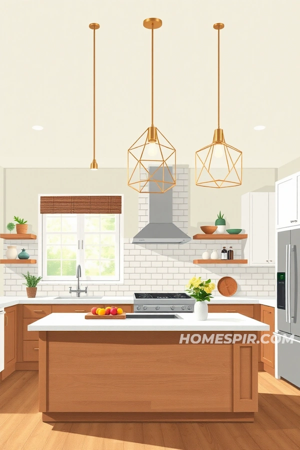 Brass Pendant Lights as Kitchen Centerpiece