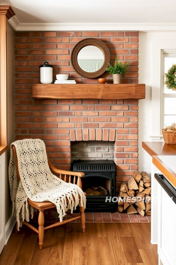 Brick Fireplace in Farmhouse Kitchen