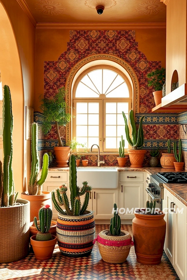 Cacti and Colorful Baskets in Bright Space