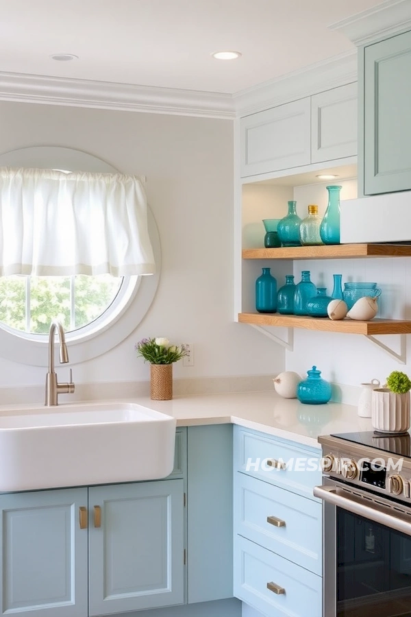 Calm Blue Glass Decor in Seaside Kitchen